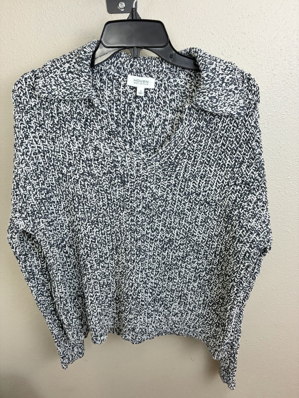 Haven Well Within Sweater Women's M Black & White Marled Knit Collared V Neck